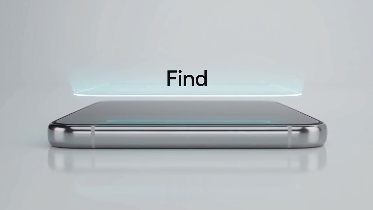 A silver phone with a glowing Find title, from the Find ad